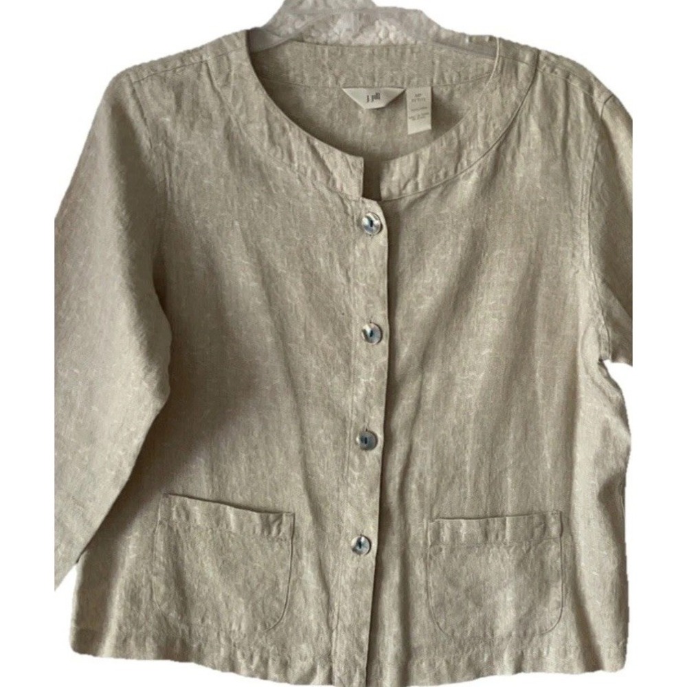 J Jill  Medium P 100%‎ linen tan ivory blazer shacket jacket coat Cropped Career